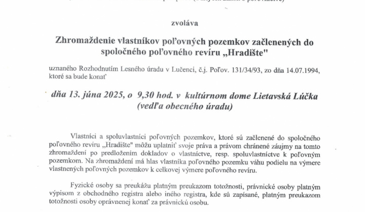 1. fotografia fotogalérie Verejná vyhláška - Zhromaždenie vlastníkov poľovných pozemkov začlenených do spoločného poľovného revíru 