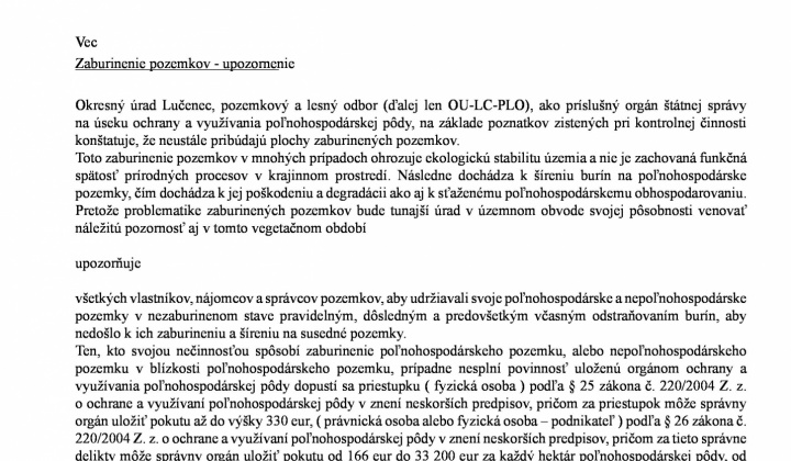 1. fotografia fotogalérie Zaburinenie pozemkov - upozornenie - foto