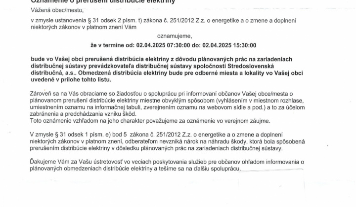 1. fotografia fotogalérie Oznámenie o prerušení distribúcie elektriny - foto