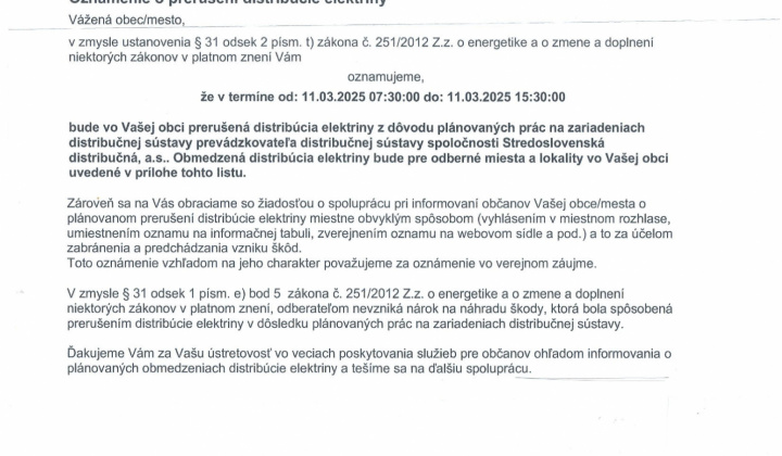 1. fotografia fotogalérie Oznámenie o prerušení distribúcie elektriny - foto