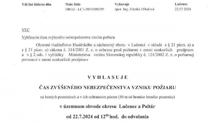 1. fotografia fotogalérie Vyhlásenie času zvýšeného nebezpečenstva vzniku požiaru - foto