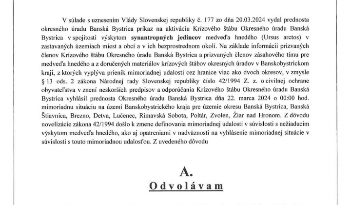 1. fotografia fotogalérie Príkaz prednostu Okresného úradu Banská Bystrica č.3/2024 o odvolaní mimoriadnej situácie - foto