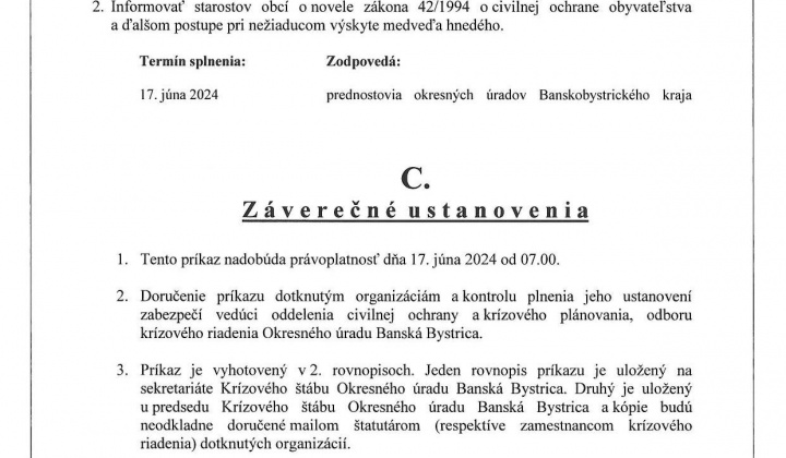 2. fotografia fotogalérie Príkaz prednostu Okresného úradu Banská Bystrica č.3/2024 o odvolaní mimoriadnej situácie - foto