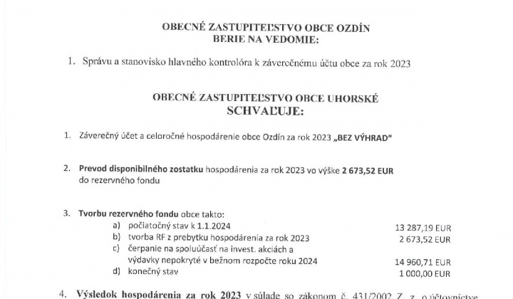 16. fotografia fotogalérie Návrh záverečného účtu Obce Ozdín a rozpočtové hospodárenie za rok 2023 - foto