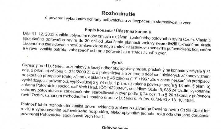 1. fotografia fotogalérie Rozhodnutie o poverení vykonaním ochrany poľovníctva a zabezpečením starostlivosti o zver - foto