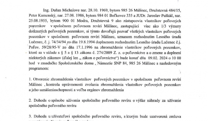1. fotografia fotogalérie Pozvánka na zhromaždenie vlastníkov poľovných pozemkov v spoločnom poľovnom revíri Málinec - foto
