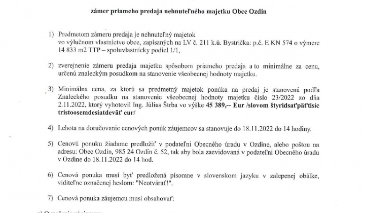 1. fotografia fotogalérie Zámer priameho predaja nehnuteľného majetku Obce Ozdín - foto