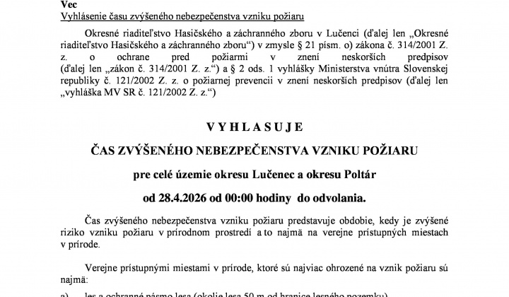 1. fotografia fotogalérie VYHLÁSENIE ČASU ZVÝŠENÉHO NEBEZPEČENSTVA VZNIKU POŽIARU OD 28.04.2026 OD 00:00 HODINY DO ODVOLANIA