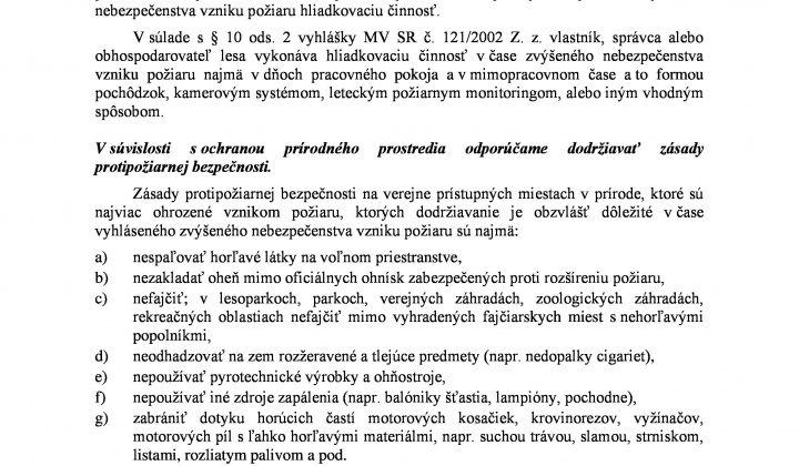 2. fotografia fotogalérie VYHLÁSENIE ČASU ZVÝŠENÉHO NEBEZPEČENSTVA VZNIKU POŽIARU OD 28.04.2026 OD 00:00 HODINY DO ODVOLANIA