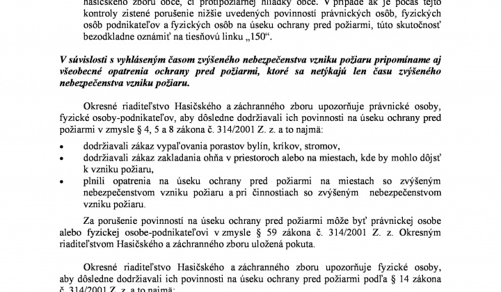 3. fotografia fotogalérie VYHLÁSENIE ČASU ZVÝŠENÉHO NEBEZPEČENSTVA VZNIKU POŽIARU OD 28.04.2026 OD 00:00 HODINY DO ODVOLANIA