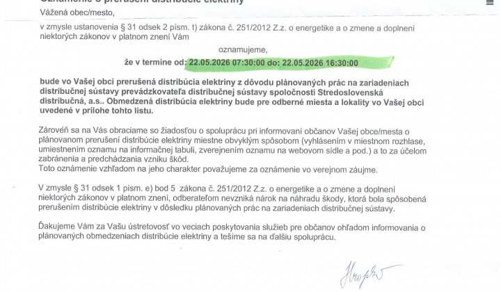 1. fotografia fotogalérie Oznámenie o prerušení distribúcie elektriny 22.05.2026