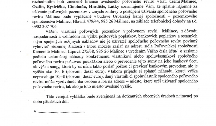 1. fotografia fotogalérie Verejná vyhláška - Oznámenie o vyplácaní nájomného