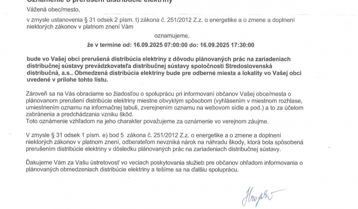 1. fotografia fotogalérie Oznámenie o prerušení distribúcie elektriny dňa 16.09.2025 