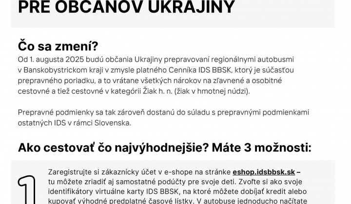 1. fotografia fotogalérie Ako cestovať od 01.08.2025 regionálnymi autobusmi IDS BBSK informácia pre občanov Ukrajiny